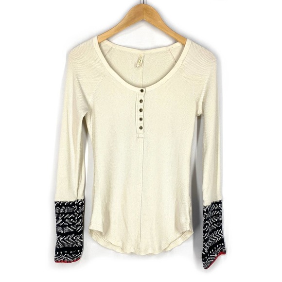 Free People Tops - Free People Cream Long Sleeve Tee with Black Patterned Cuffs